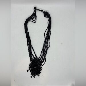 Vintage Glass Seed Beaded Necklace Multi Strand Cluster Black Onyx Statement